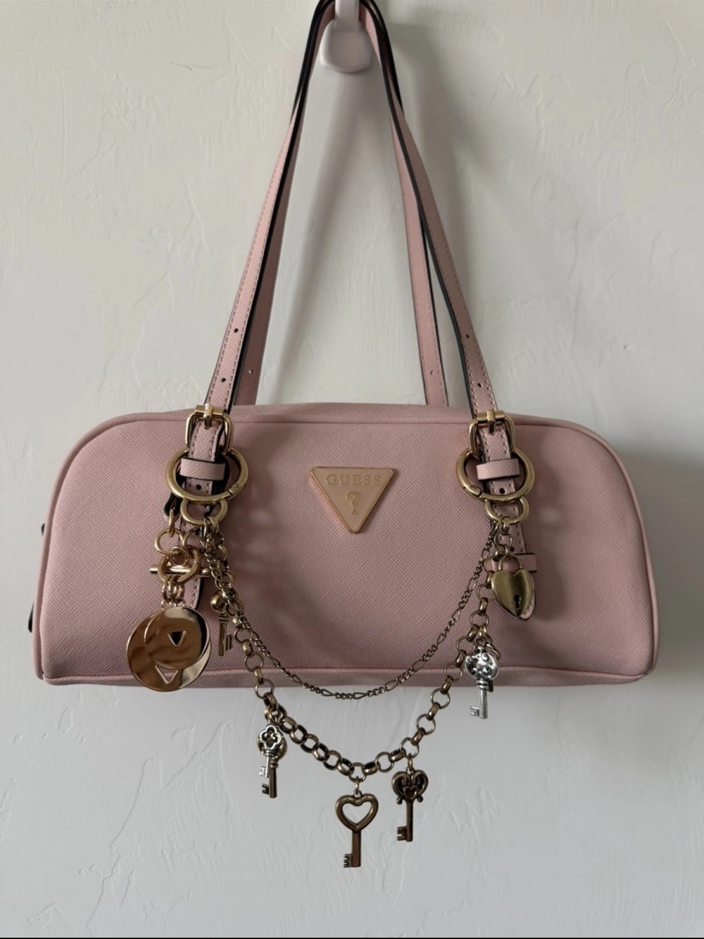 Guess Blush Pink Saffiano Shoulder Bag with Gold Charm Chains